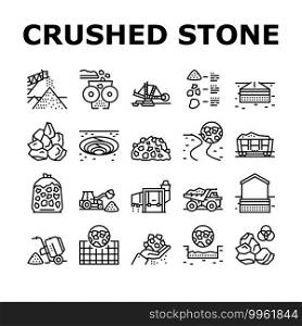 Crushed Stone Mining Collection Icons Set Vector. Heavy Machinery And Excavator, Dump Truck And Railway Carriage, Stone Mine Equipment Black Contour Illustrations. Crushed Stone Mining Collection Icons Set Vector