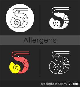 Crustaceans and molluscs dark theme icon. Fresh food. Intolerance for prawn. Common allergen. Allergy for ingredient. Linear white, simple glyph and RGB color styles. Isolated vector illustrations. Crustaceans and molluscs dark theme icon