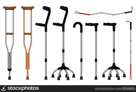 Crutches icon set. Realistic set of crutches vector icons for web design isolated on white background. Crutches icon set, realistic style