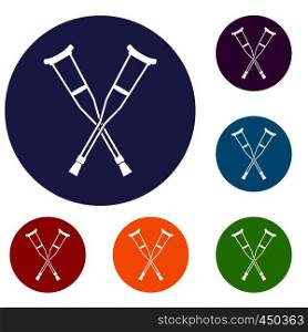 Crutches icons set in flat circle reb, blue and green color for web. Crutches icons set