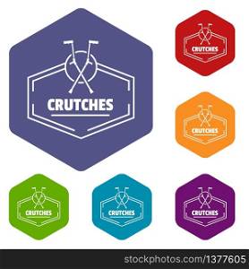 Crutches icons vector colorful hexahedron set collection isolated on white . Crutches icons vector hexahedron