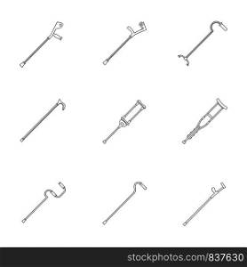 Crutches injury support care leg reliance icons set. Outline illustration of 9 crutches injury support care leg reliance vector icons for web. Crutches injury support care icons set, outline style