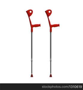 Crutches Medical Tool For Rehabilitation Vector. Elbow Crutches With Plastic Handles. Metal Material Aid Equipment For Walk And Support Disabled People Layout Realistic 3d Illustration. Crutches Medical Tool For Rehabilitation Vector