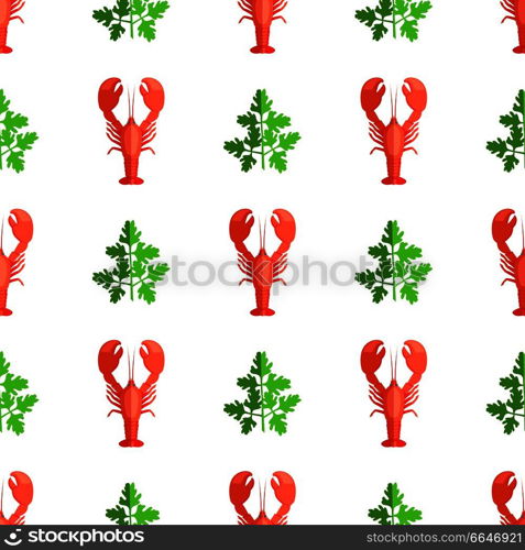 Cryafish and parsley, seamless pattern with craysfish and parsley, seafood and icons collection, vector illustration isolated on white background. Cryafish and Parsley Pattern Vector Illustration