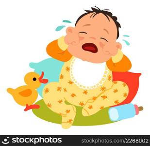 Crying baby character. Sitting toddler weeping out isolated on white background. Crying baby character. Sitting toddler weeping out