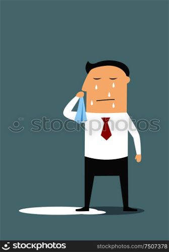 Crying businessman standing in a pool of his tears, for depression or negative emotions concept. Cartoon flat style. Crying businessman standing in a pool