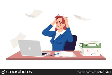 Crying businesswoman semi flat RGB color vector illustration. Overworked woman, stressed office worker isolated cartoon character on white background. Emotional breakdown, burnout, depression. Crying businesswoman semi flat RGB color vector illustration