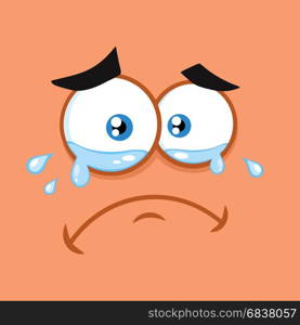 Crying Cartoon Funny Face With Tears Expression. Illustration With Orange Background