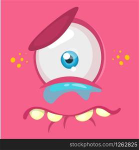 Crying cartoon monster face avatar. Vector Halloween pink sad monster with one eye