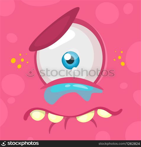 Crying cartoon monster face. Vector Halloween pink sad monster with one eye