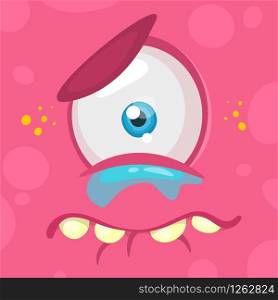 Crying cartoon monster face. Vector Halloween pink sad monster with one eye