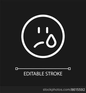 Crying emoji pixel perfect white linear ui icon for dark theme. Depressed and unhappy face. Vector line pictogram. Isolated user interface symbol for night mode. Editable stroke. Arial font used. Crying emoji pixel perfect white linear ui icon for dark theme