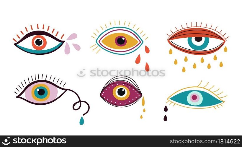 Crying eyes. Abstract eye, drops colorful falling down. Contemporary trendy doodle elements, sad emotions vector set. Eye tear, cry weeping, sorrowful illustration. Crying eyes. Abstract eye, drops colorful falling down. Contemporary trendy doodle elements, sad emotions vector set