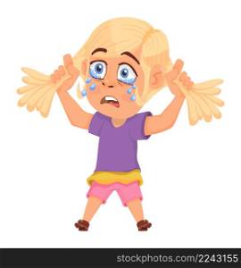 Crying girl. Child weep and shed tears. Cartoon sad kid. Vector illustration. Crying girl. Child weep and shed tears. Cartoon sad kid