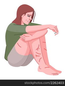 Crying girl hurting herself semi flat RGB color vector illustration. Self-injury. Causing pain, damage. Person with addictive personality isolated cartoon character on white background. Crying girl hurting herself semi flat RGB color vector illustration