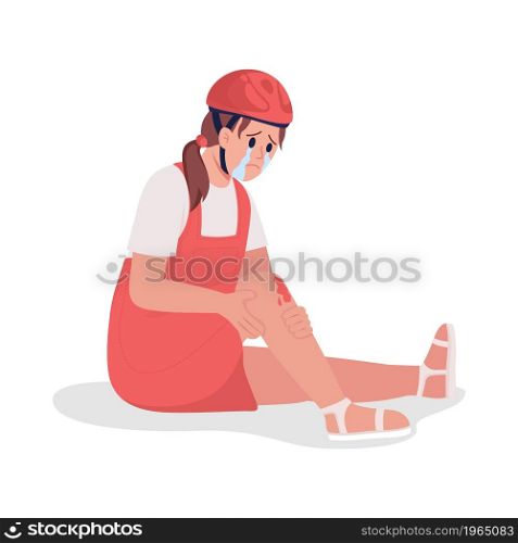 Crying girl with scratched knee semi flat color vector character. Sitting figure. Full body person on white. Bike accident isolated modern cartoon style illustration for graphic design and animation. Crying girl with scratched knee semi flat color vector character