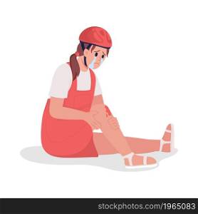 Crying girl with scratched knee semi flat color vector character. Sitting figure. Full body person on white. Bike accident isolated modern cartoon style illustration for graphic design and animation. Crying girl with scratched knee semi flat color vector character