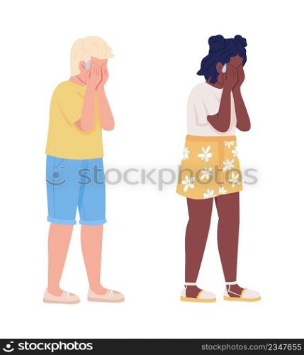 Crying kids semi flat color vector characters set. Standing figures. Full body people on white. Lost kid. Child panic attack simple cartoon style illustration for web graphic design and animation. Crying kids semi flat color vector characters set
