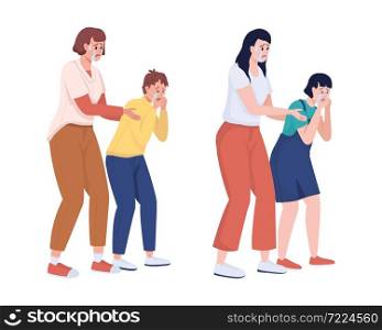 Crying mothers with children semi flat color vector characters set. Women with kids scared of dangerous situations isolated modern cartoon style illustrations for graphic design and animation. Crying mothers with children semi flat color vector characters set