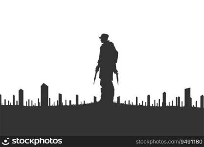 Crying soldier. on war cemetery. Black silhouette. Vector illustration desing.