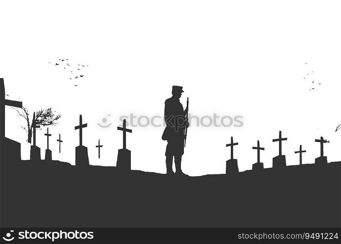 Crying soldier. on war cemetery. Black silhouette. Vector illustration desing.