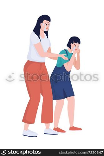 Crying woman embracing girl shoulders semi flat color vector characters. Full body people on white. Supporting child isolated modern cartoon style illustration for graphic design and animation. Crying woman embracing girl shoulders semi flat color vector characters