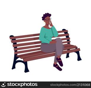 Crying woman sitting on bench semi flat color vector character. Sitting figure. Full body person on white. Stress isolated modern cartoon style illustration for graphic design and animation. Crying woman sitting on bench semi flat color vector character