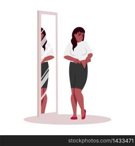 Crying woman trying on clothes semi flat RGB color vector illustration. African american girl depressed about weight isolated cartoon character on white background. Emotional stress, obesity problem. Crying woman trying on clothes semi flat RGB color vector illustration