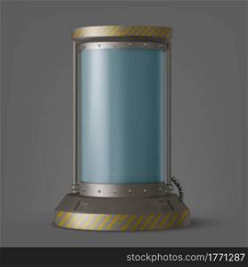 Cryonics capsule, futuristic container with glass tube and cryogenic liquid for hibernation on spaceship or laboratory. Scientific technology camera, Sci-fi freezer, Realistic 3d vector illustration. Cryonics capsule, futuristic container in lab