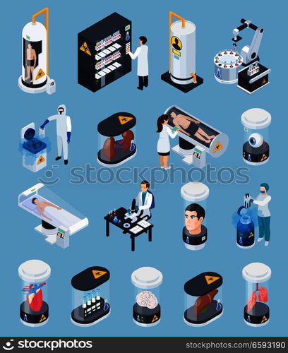 Cryonics Cryogenics Transplantation Isometric Icons Set Stock Vector