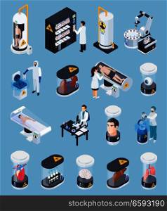 Cryonics cryogenics transplantation isometric icons set of isolated organs in containers and people in cryo chambers vector illustration. Cryogenics Isometric Icons Collection