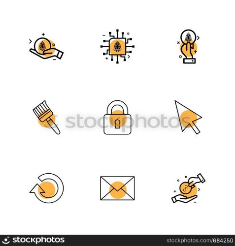 Crypoto currency , coimn , key , reset, golem , message , envelope, brush , lock , pointer , share , icon, vector, design, flat, collection, style, creative, icons