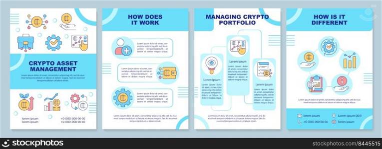 Crypto asset management blue brochure template. Blockchain. Leaflet design with linear icons. Editable 4 vector layouts for presentation, annual reports. Arial-Black, Myriad Pro-Regular fonts used. Crypto asset management blue brochure template
