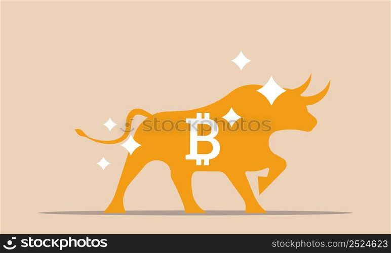 Crypto bitcoin bull and bullish growing growing. Cryptocurrency investment and price trend vector illustration concept. Cyberspace analysis and trading exchange money. Commerce business blockchain btc