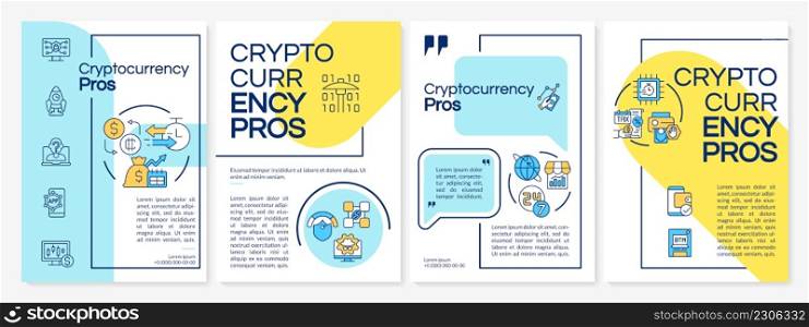 Crypto-currency advantages blue and yellow brochure template. Virtual currency. Leaflet design with linear icons. 4 vector layouts for presentation, annual reports. Questrial, Lato-Regular fonts used. Crypto-currency advantages blue and yellow brochure template