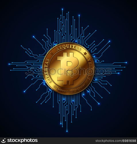 Crypto currency bitcoin. Net banking and bitcoins mining vector concept. Currency cryptography mining finance coin illustration. Crypto currency bitcoin. Net banking and bitcoins mining vector concept