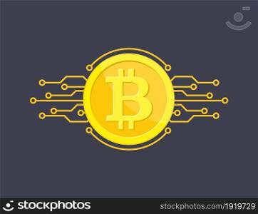Crypto currency bitcoin. Net banking and bitcoins mining vector concept. Currency cryptography mining finance coin. Vector illustration in flat style. Crypto currency bitcoin.