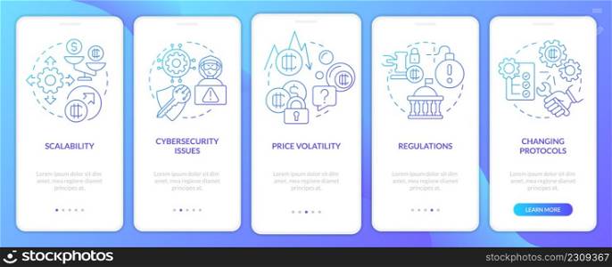Crypto-currency downsides blue gradient onboarding mobile app screen. Walkthrough 5 steps graphic instructions pages with linear concepts. UI, UX, GUI template. Myriad Pro-Bold, Regular fonts used. Crypto-currency downsides blue gradient onboarding mobile app screen