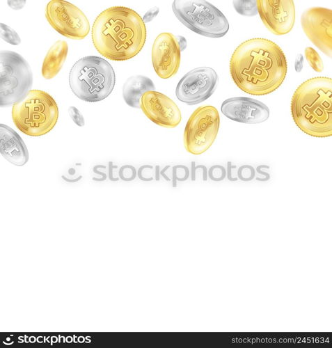 Crypto currency, flying golden and silver coins, virtual money on white background, realistic vector illustration. Crypto Currency Coins Realistic Background