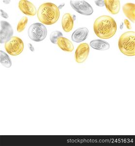Crypto currency, flying golden and silver coins, virtual money on white background, realistic vector illustration. Crypto Currency Coins Realistic Background