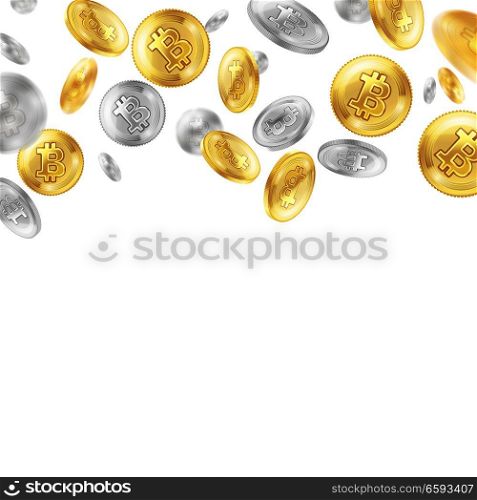 Crypto currency, flying golden and silver coins, virtual money on white background, realistic vector illustration. Crypto Currency Coins Realistic Background