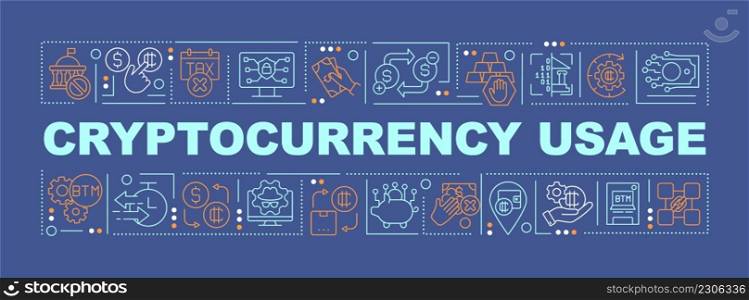 Crypto-currency usage word concepts dark blue banner. Crypto exchanges. Infographics with icons on color background. Isolated typography. Vector illustration with text. Arial-Black font used. Crypto-currency usage word concepts dark blue banner