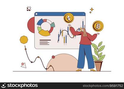 Crypto market concept with character situation in flat design. Woman analyzes data from different online exchanges and manages cryptocurrency wallets. Vector illustration with people scene for web