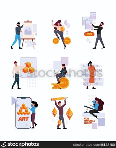 Crypto paintings. Nft blockchain paintings creative artists digital global gallery with photo video pixel art garish vector flat collection set. Illustration of nft technology, crypto token painting. Crypto paintings. Nft blockchain paintings creative artists digital global gallery with photo video pixel art garish vector flat collection set