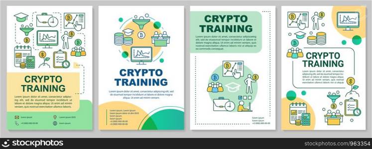 Crypto training brochure template layout. Cryptocurrency trading course. Flyer, booklet, leaflet print design with linear illustrations. Vector page layouts for magazines, reports, advertising posters