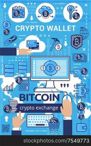 Crypto wallet, bitcoin cryptocurrency exchange outline icons. Vector digital money mining and blockchain technology. Finance transactions and operations, linear symbols of cloud storage and networking. Bitcoin cryptocurrency. Linear wallet and mining