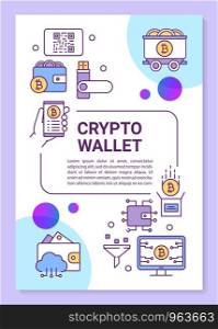 Crypto wallet poster template layout. Cryptocurrency storing and transactions. Banner, booklet, leaflet print design with linear icons. Vector brochure page layouts for magazines, advertising flyers