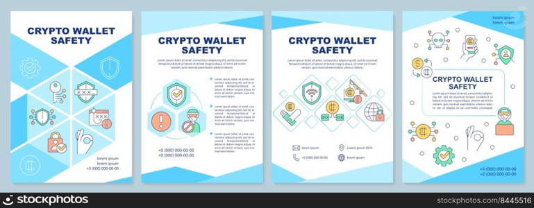 Crypto wallet safety blue brochure template. Coins storage. Leaflet design with linear icons. Editable 4 vector layouts for presentation, annual reports. Arial-Black, Myriad Pro-Regular fonts used. Crypto wallet safety blue brochure template