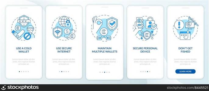 Crypto wallet security blue onboarding mobile app screen. Safety walkthrough 5 steps editable graphic instructions with linear concepts. UI, UX, GUI template. Myriad Pro-Bold, Regular fonts used. Crypto wallet security blue onboarding mobile app screen