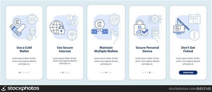 Crypto wallet security light blue onboarding mobile app screen. Walkthrough 5 steps editable graphic instructions with linear concepts. UI, UX, GUI template. Myriad Pro-Bold, Regular fonts used. Crypto wallet security light blue onboarding mobile app screen